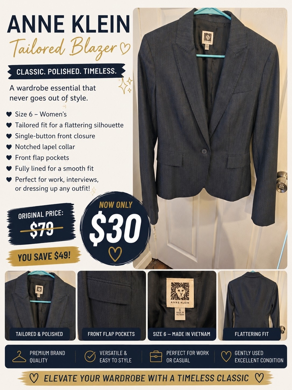 Anne Klein Women's Dark Blue Tailored Blazer